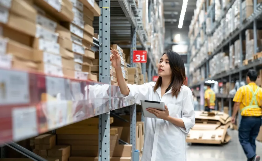 Woman checking supplies in warehouse
